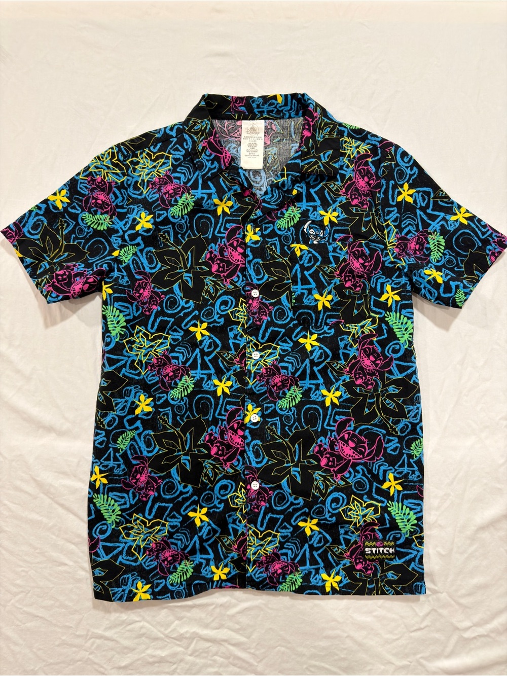 Disney Stitch Men’s short-sleeve Hawaiian shirt black neon floral print Size XS